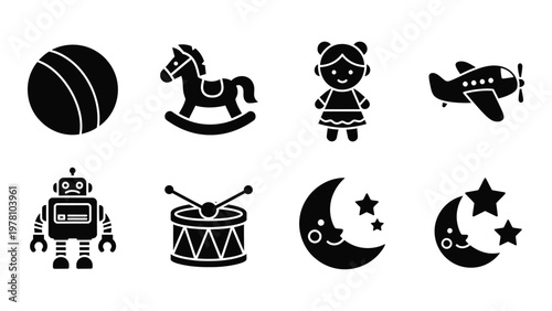 A collection of black silhouette icons depicting various childhood toys and sleep related imagery including a ball and airplane high quality