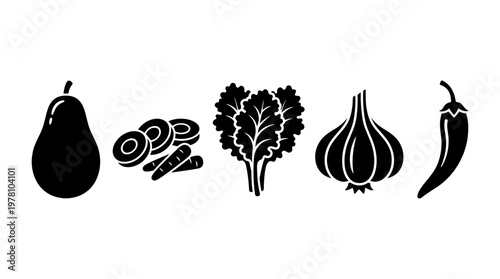 Various fresh fruit and vegetable silhouettes for healthy eating themes food packaging designs and culinary recipe applications.