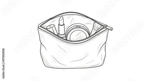 Line drawing of an open makeup bag filled with essential cosmetics like lipstick, compact powder, and a brush, ideal for beautyrelated content.