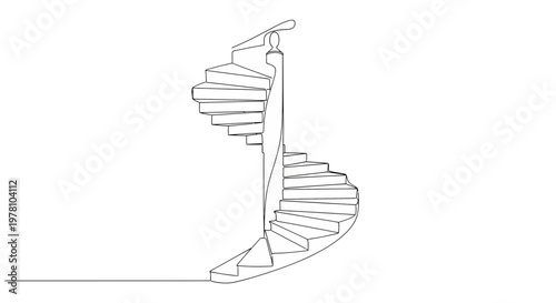 Elegant continuous line drawing of a spiral staircase ascending with a central newel post, ideal for architectural themes, interior design, and abstract presentations.