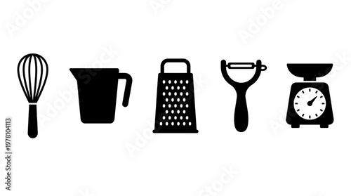 A set of essential kitchen tools including a whisk, measuring cup, grater, peeler, and scale, ideal for cooking, baking, and food preparation themes.