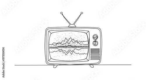 Single line drawing of a classic TV displaying static, symbolizing obsolete technology, communication problems, or vintage media concepts.