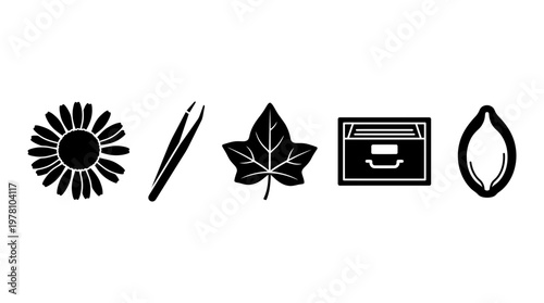 Diverse black silhouette icons of a flower, tweezers, leaf, file cabinet, and seed. Ideal for graphic design, educational content, and digital applications.