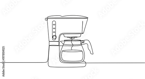 Minimalist continuous line drawing of a coffee maker with a glass carafe, ideal for modern kitchen branding, cafe design, or simple product illustrations.