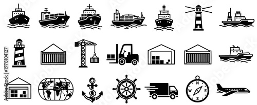 This set features icons for shipping, logistics, and maritime transport, including ships, containers, cranes, warehouses, and more. Ideal for illustrating global supply chains and cargo movement.