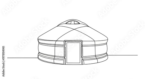 Minimalist continuous line drawing of a traditional yurt, ideal for cultural projects, travel themes, and simple graphic designs related to nomadic life and heritage.