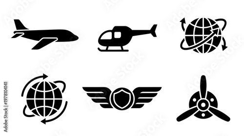 Collection of black glyph icons for air travel, global shipping, and pilot related concepts, suitable for logistics, transport, and aviation business media.