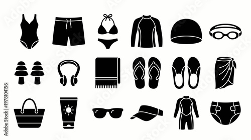 Comprehensive black and white icon set of swimming essentials and beach accessories for summer holidays, water sports, and travel, ideal for various graphic projects.