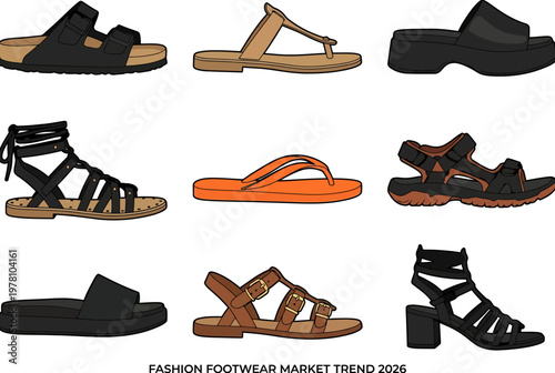 Different types of sandals and slides for women fashion trend