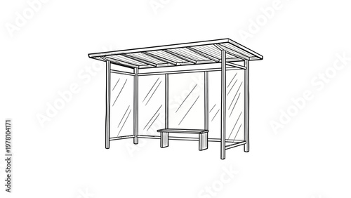 Outline drawing of a contemporary bus stop shelter featuring a sturdy roof and a comfortable bench for waiting passengers, ideal for architectural concepts and urban development.