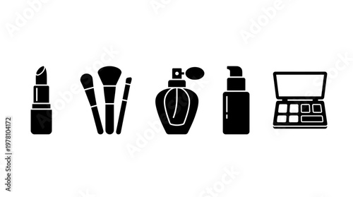 Diverse set of cosmetic and beauty products featuring lipstick, makeup brushes, perfume, lotion bottle, and eyeshadow palette for various industry uses.