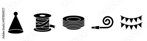 A collection of festive celebration icons including a party hat ribbon plates blower and pennant banners ideal for event promotions and holiday graphic designs.