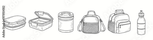 Handdrawn outline collection of various lunch boxes, food containers, insulated bags, and a water bottle, ideal for meal prep and portable dining.