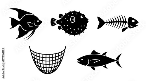 Silhouettes of various fish species, a fish skeleton, and a fishing net, suitable for marine ecology, culinary arts, and aquatic recreational purposes.