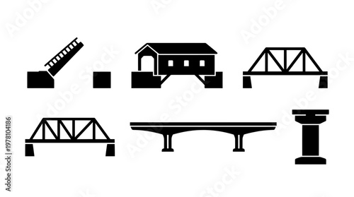 Collection of diverse bridge silhouette icons for infrastructure, engineering, or educational graphics.