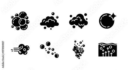 Glyphs of diverse bubbles, suds, and sparkling elements conveying freshness and cleansing, perfect for chemical, cosmetic, and carbonation industry visuals.