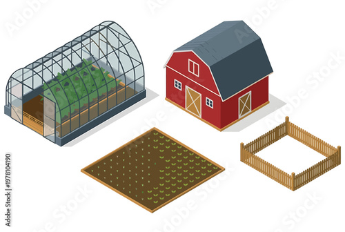 farm buildings and garden areas with greenhouse and barn