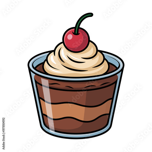 cartoon chocolate dessert with whipped cream and cherry