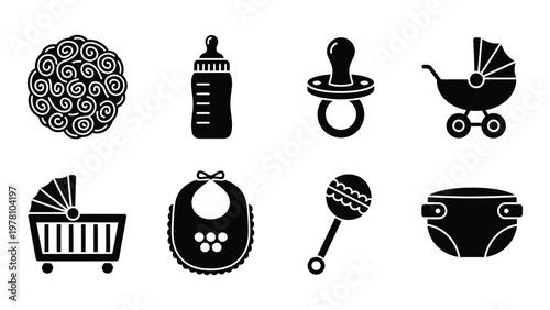 A collection of black silhouette icons depicts essential baby items including a rattle stroller and feeding accessories high quality professional detailed