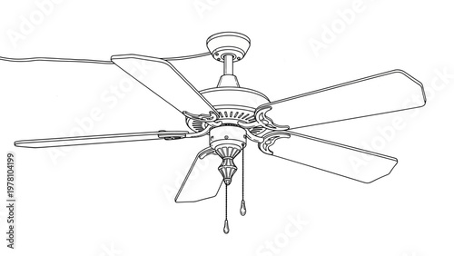 Outline drawing of a traditional fiveblade ceiling fan with pull chains, representing a common home appliance for air circulation and comfort.