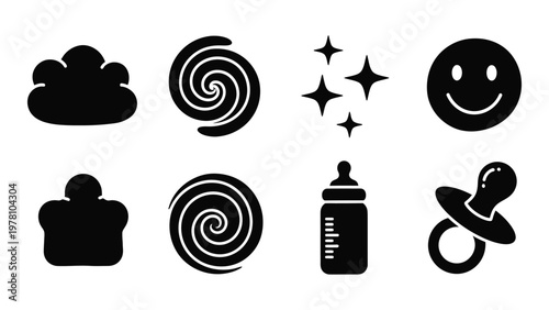 A collection of simple black silhouette icons depicting clouds spirals stars a smiley face and baby items high quality professional detailed