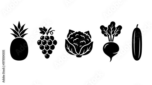 A set of minimalist black fruit and vegetable icons including pineapple, grapes, cauliflower, beetroot, and cucumber, ideal for menus, food blogs, or healthrelated projects.