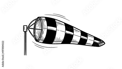 Black and white striped windsock indicating wind direction and strength, ideal for aviation, weather, or outdoor safety related informational graphics and signage projects.