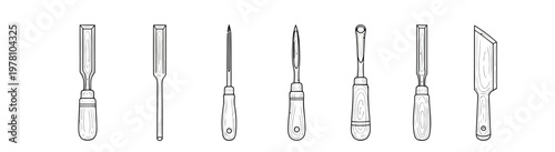 Set of various hand woodworking chisels and carving tools in a linedrawing style, ideal for craft, construction, or carpentry themed designs.