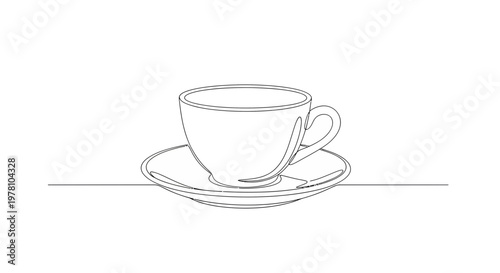 Minimalist continuous line drawing of a coffee cup and saucer, ideal for cafe branding, beverage promotion, menu design, or modern lifestyle content.