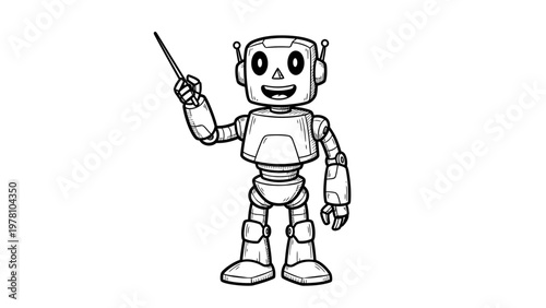 Friendly robot character presenting with a pointer stick, ideal for educational content, technology promotions, or teaching materials.
