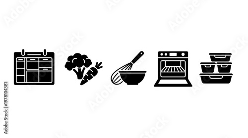 Set of icons showing meal planning, fresh ingredients, cooking, baking, and food storage. Perfect for healthy lifestyle blogs and apps.