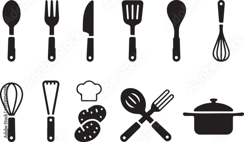 Kitchen and cooking black icons set including oven clock chef hat utensils pots pans ,Cooking Tools Silhouette Collection