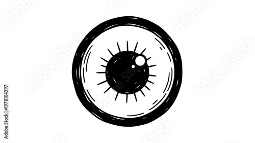Stylized eye graphic with a bold circular outline and intricate pupil details, ideal for conveying concepts of insight, observation, or perception in various media.