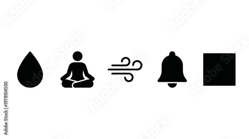 Black silhouette icons depicting water, meditation, wind, bell, and square. Suitable for apps, wellness, and environmental themes.