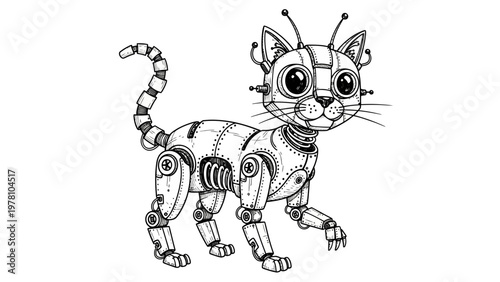Intricate line drawing of a unique steampunk robot cat with mechanical details and big eyes, ideal for playful designs, childrens books, or creative projects.