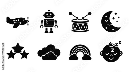 A collection of black and white icons depicting childhood themes like airplanes robots drums and sleep high quality professional detailed modern