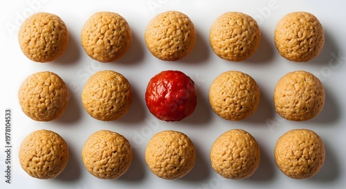 Arrangement of golden and red spheres against a white background