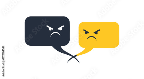 Angry speech bubbles, argument icons, conflict symbols, emoticon faces, vector graphics