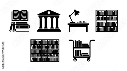 Monochromatic icons illustrating various library and study elements like books, shelves, desks, and a classical building, suitable for educational and informationrelated graphics.