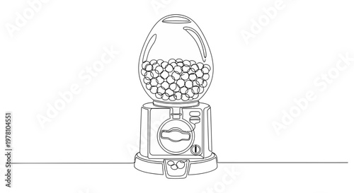 Single continuous line art of a vintage gumball machine brimming with sweets, ideal for playful themes, childrens content, or nostalgic design projects.