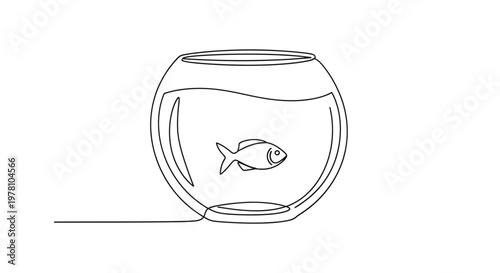 Continuous line drawing of a fish in a bowl. Minimalist black and white art, perfect for animal concepts, pet care, or simple graphic design projects and logos.