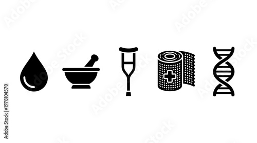 Collection of essential medical and healthcare icons, including blood drop, mortar and pestle, crutch, bandage, and DNA, useful for health, science, and pharmacy related projects.