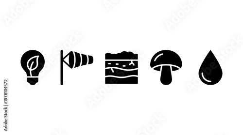 Collection of glyph icons depicting natural elements and environmental concepts like renewable energy, wind, soil, mushroom, and water, perfect for ecofriendly projects.