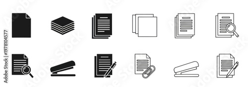 Versatile document and office icons, depicting files, paper stacks, search, edit, and stapler, ideal for business and organization graphics.