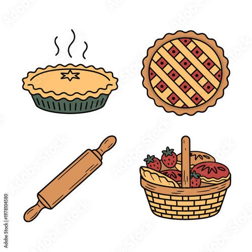 Illustration of various types of pies and baking tools