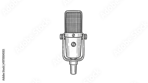 Classic studio microphone hand drawn for audio production, podcasting, voice recording, and broadcasting visual themes.