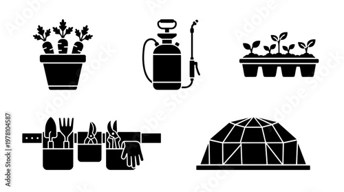 Collection of essential gardening tools, planting equipment, and potted plants for home garden enthusiasts. Ideal for agricultural themes, sustainable living, and outdoor hobby content.