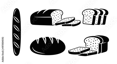 Assortment of bread products including baguette, sliced loaves, and a round loaf, ideal for culinary themes, bakery branding, or food industry illustrations.