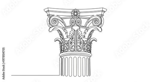 Single continuous line art of an ornate Corinthian column capital, featuring acanthus leaves and volutes, great for architectural studies or decorative print.
