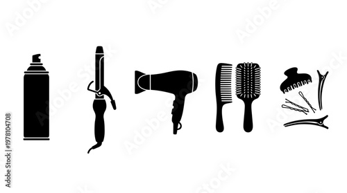 A comprehensive set of essential hair care and styling tools, depicted in black silhouettes, ideal for salons, personal grooming, and professional haircare applications.